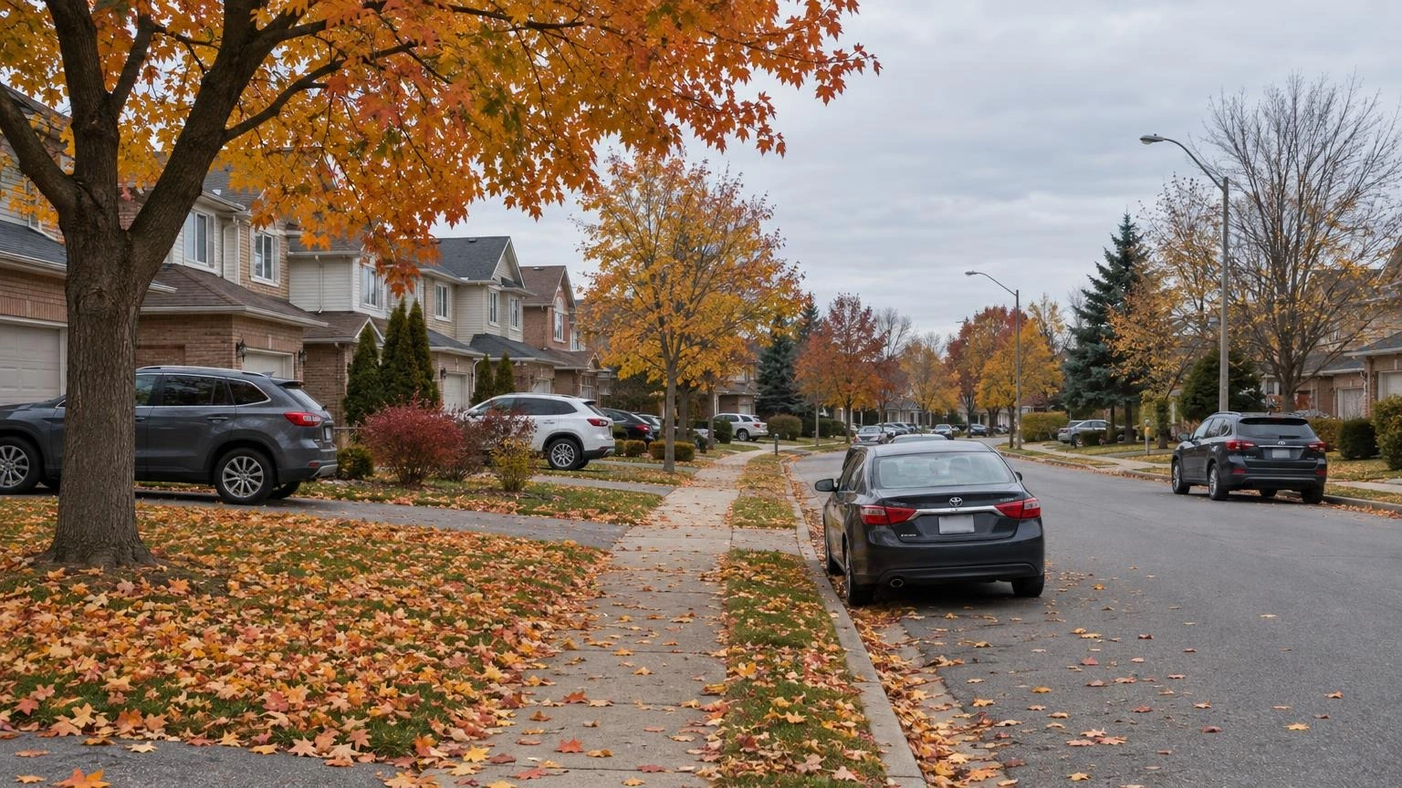 A close-up of a residential street in Durham Region with houses and autumn leaves on the ground.