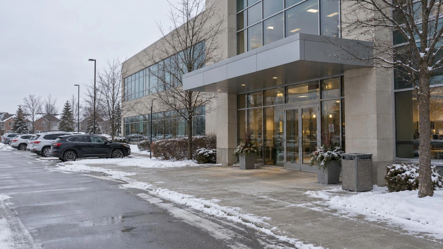 An illustration of a modern office building entrance in Toronto during a winter afternoon.