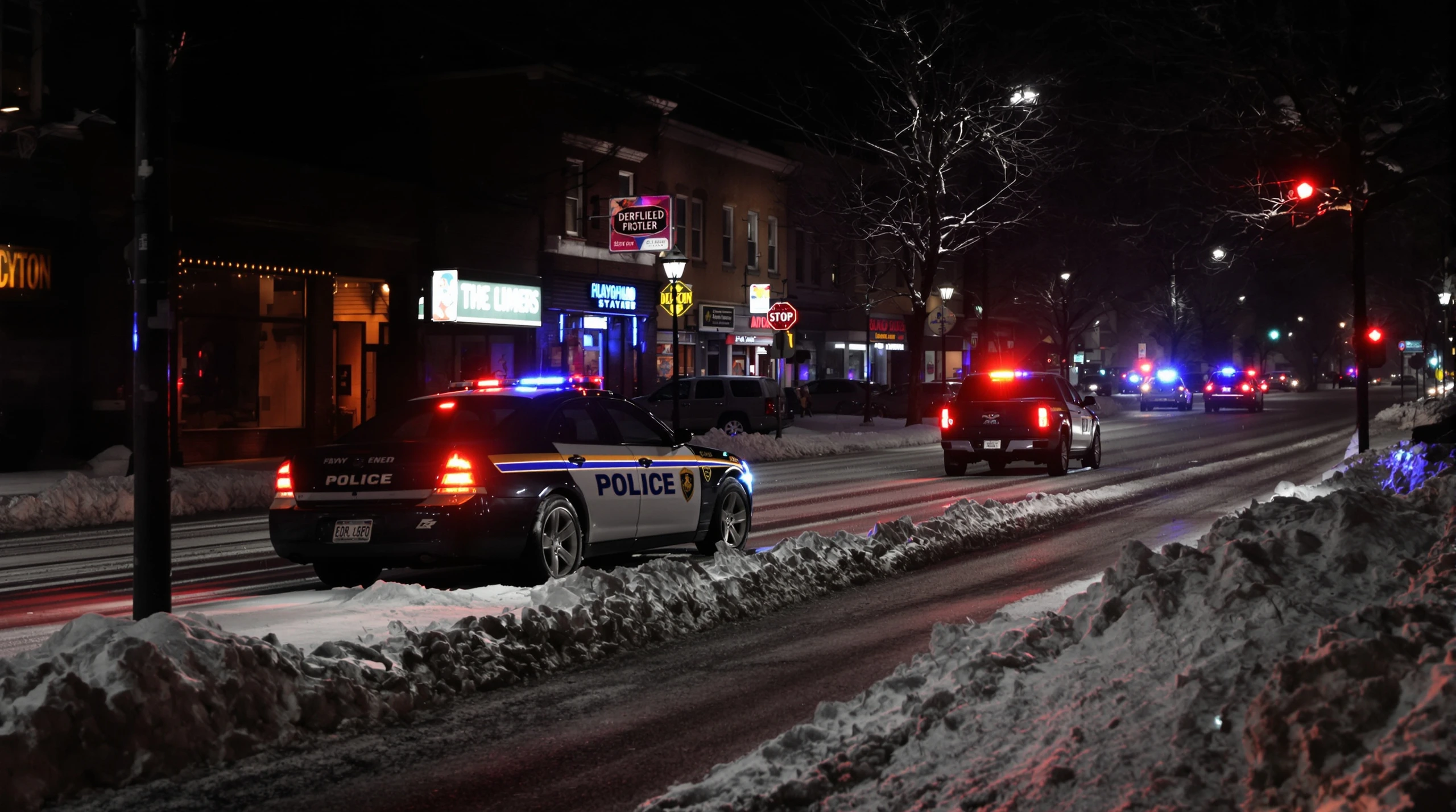 A police cruiser with emergency lights on at night beside a snowy Barrie street.
