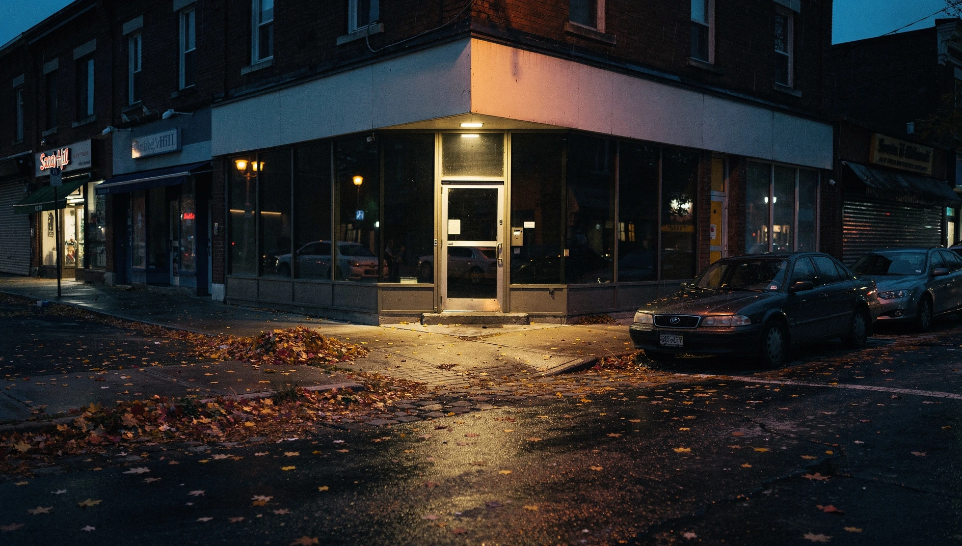 A quiet commercial street in Sandy Hill at night with autumn leaves on the sidewalk and dark storefronts.