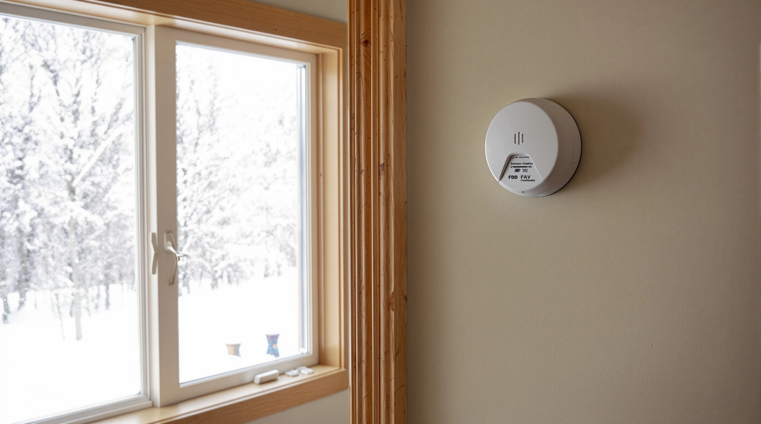 A carbon monoxide alarm mounted on the wall of a home hallway near a doorway, with a frosted window and snowy light behind it.