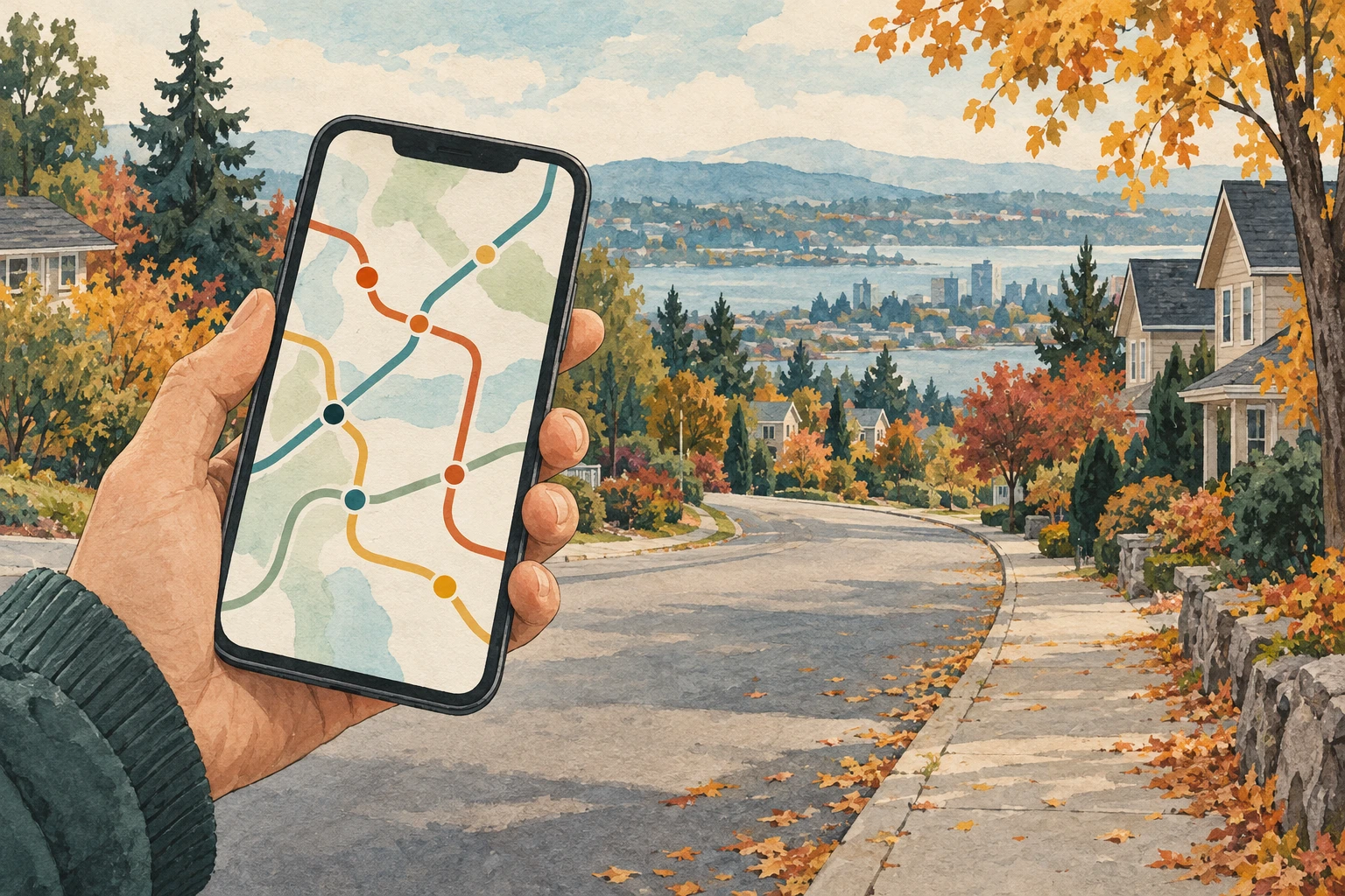 Hand holding a phone with abstract route lines beside a fictional autumn streetscape.