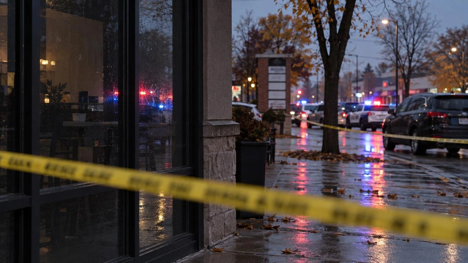 Yellow police tape across a dark storefront at dawn with red and blue emergency lights reflecting on wet pavement.