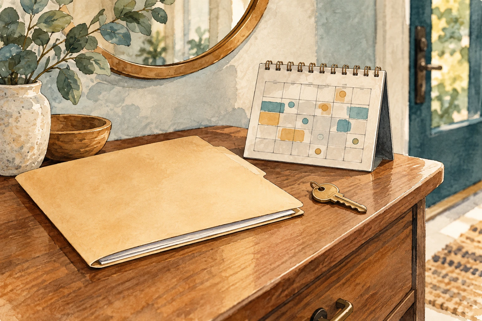 Abstract calendar, folder and house key on a fictional home entrance table.