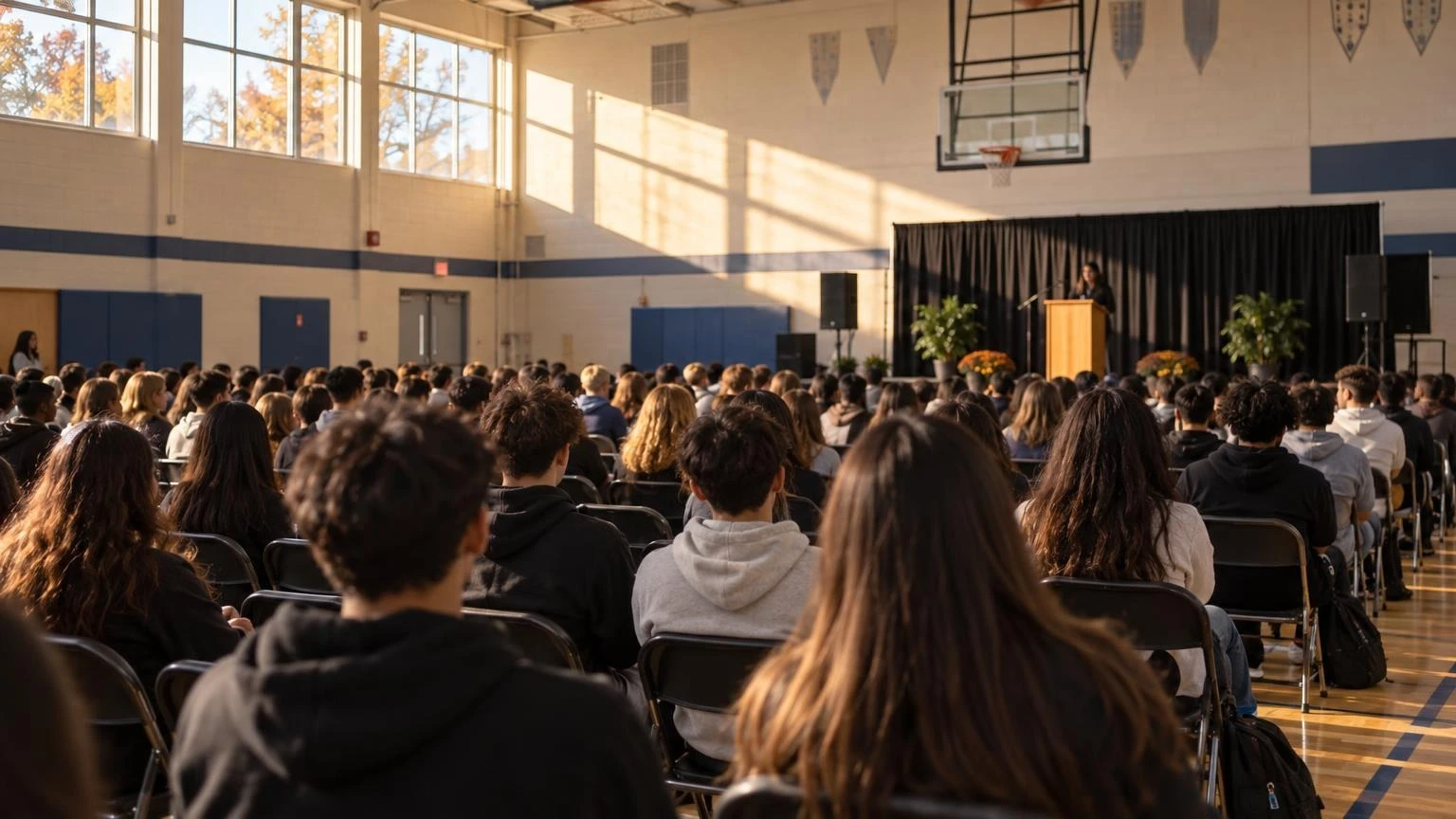 A school gymnasium set up with rows of chairs for a student conference, viewed from the back of the room.