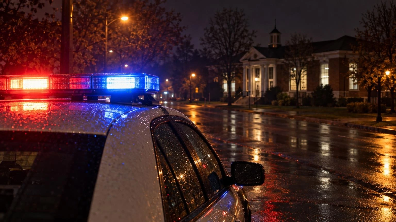 A police cruiser parked on a suburban street at night with emergency lights reflecting on the pavement.