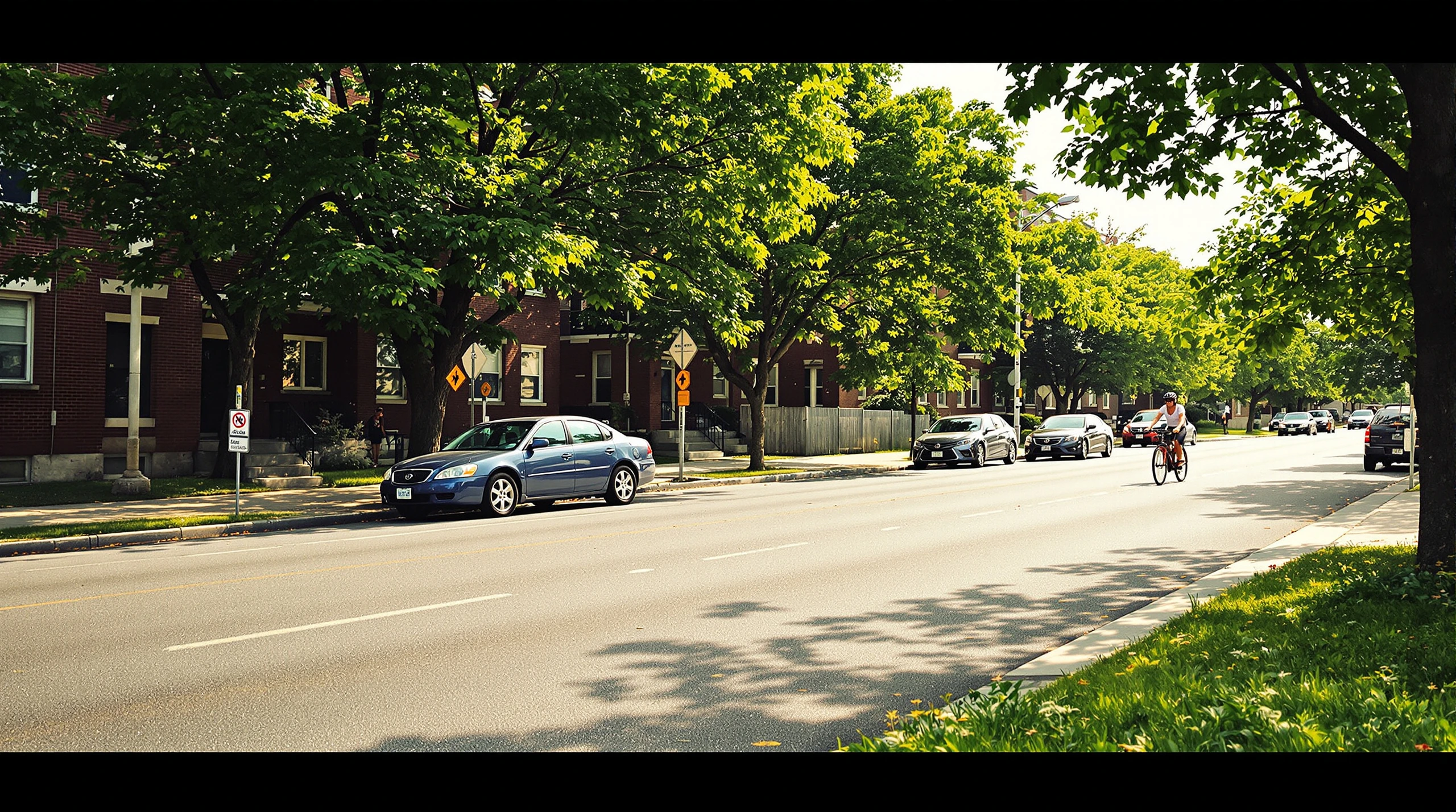 A sun-baked Toronto street on a hot June day, with apartment towers and shade trees along the sidewalk.