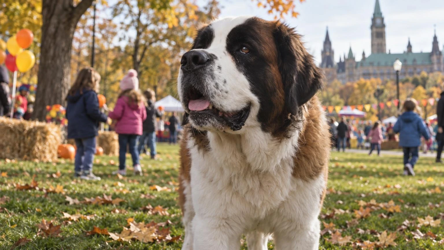 A large St. Bernard dog standing on a grassy field during an outdoor school event in Ontario.