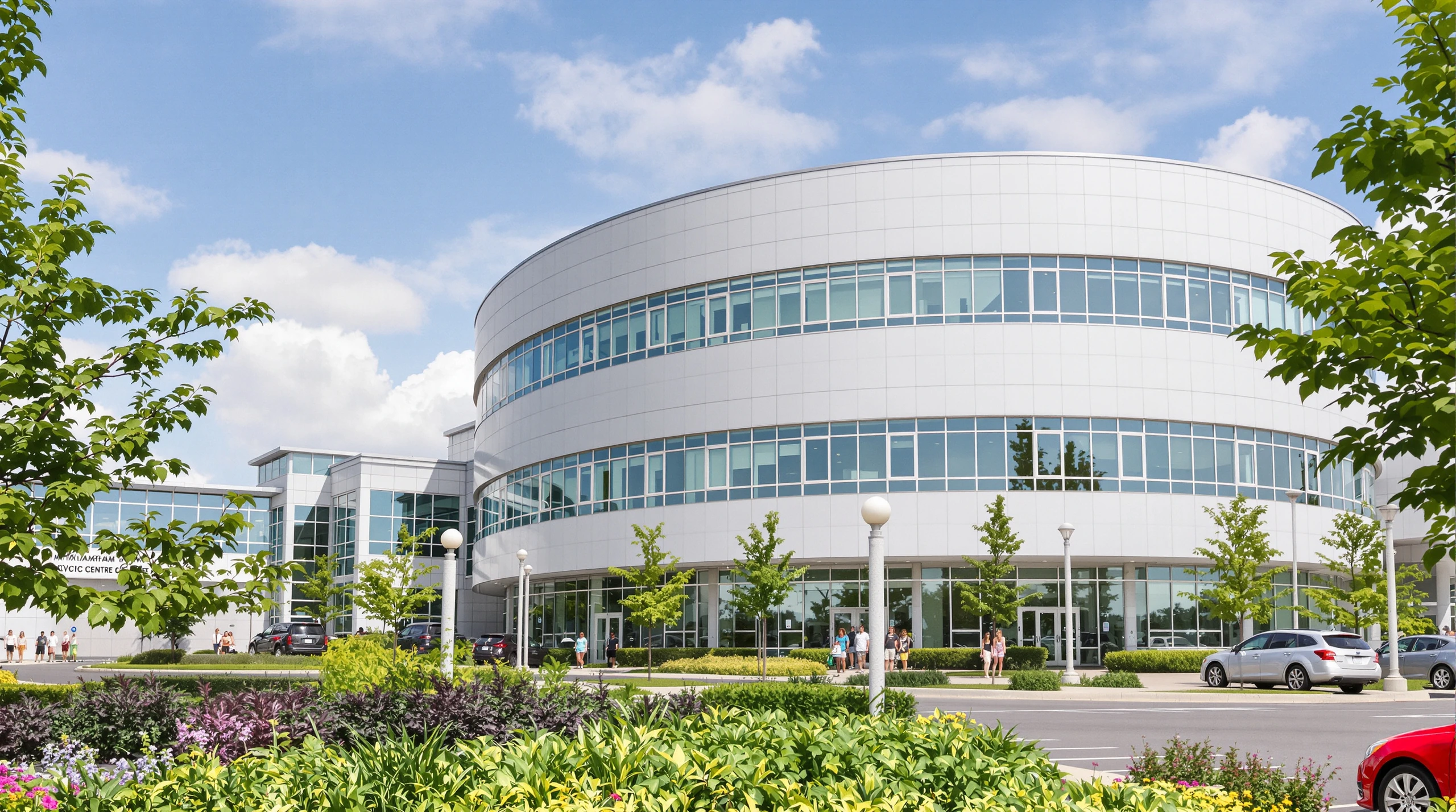 The Markham Civic Centre building under clear skies, with summer landscaping in front.