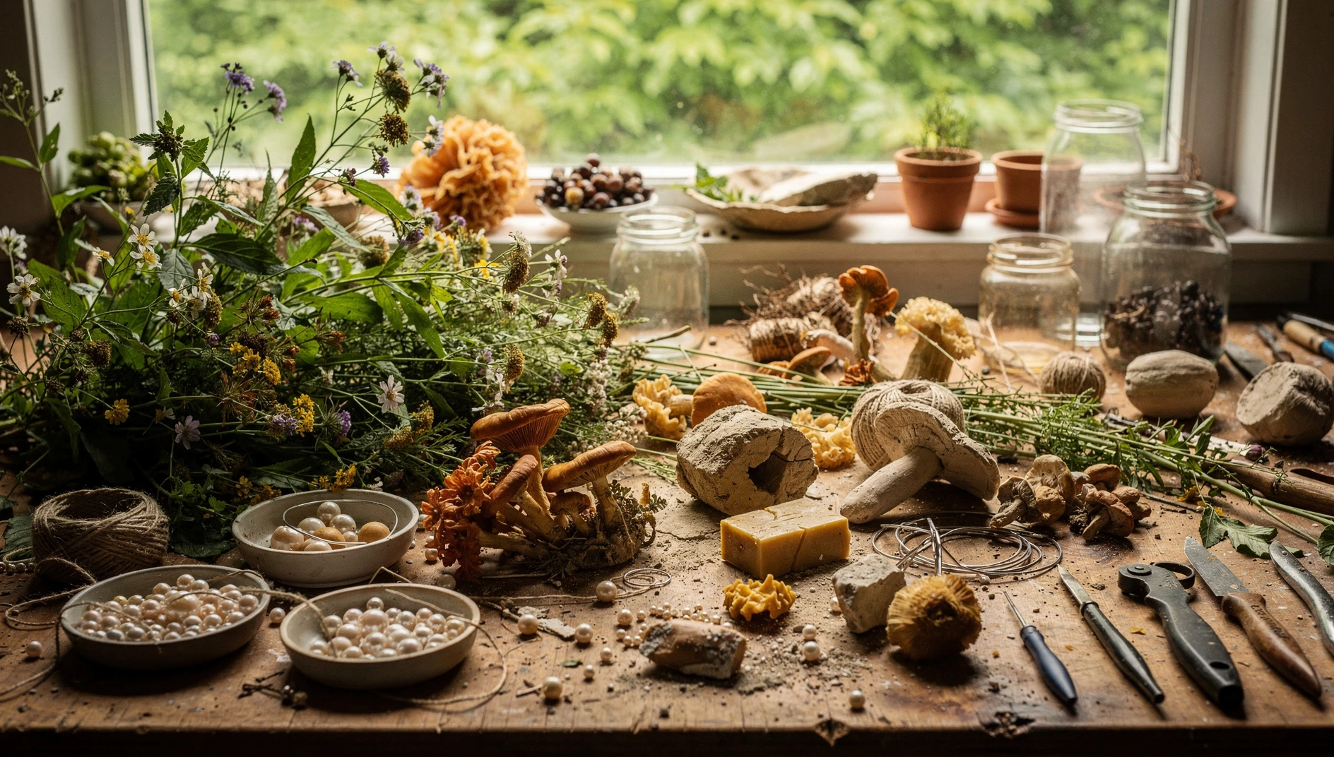 Plants, fungi, pearls and organic sculptural materials on an art studio worktable.