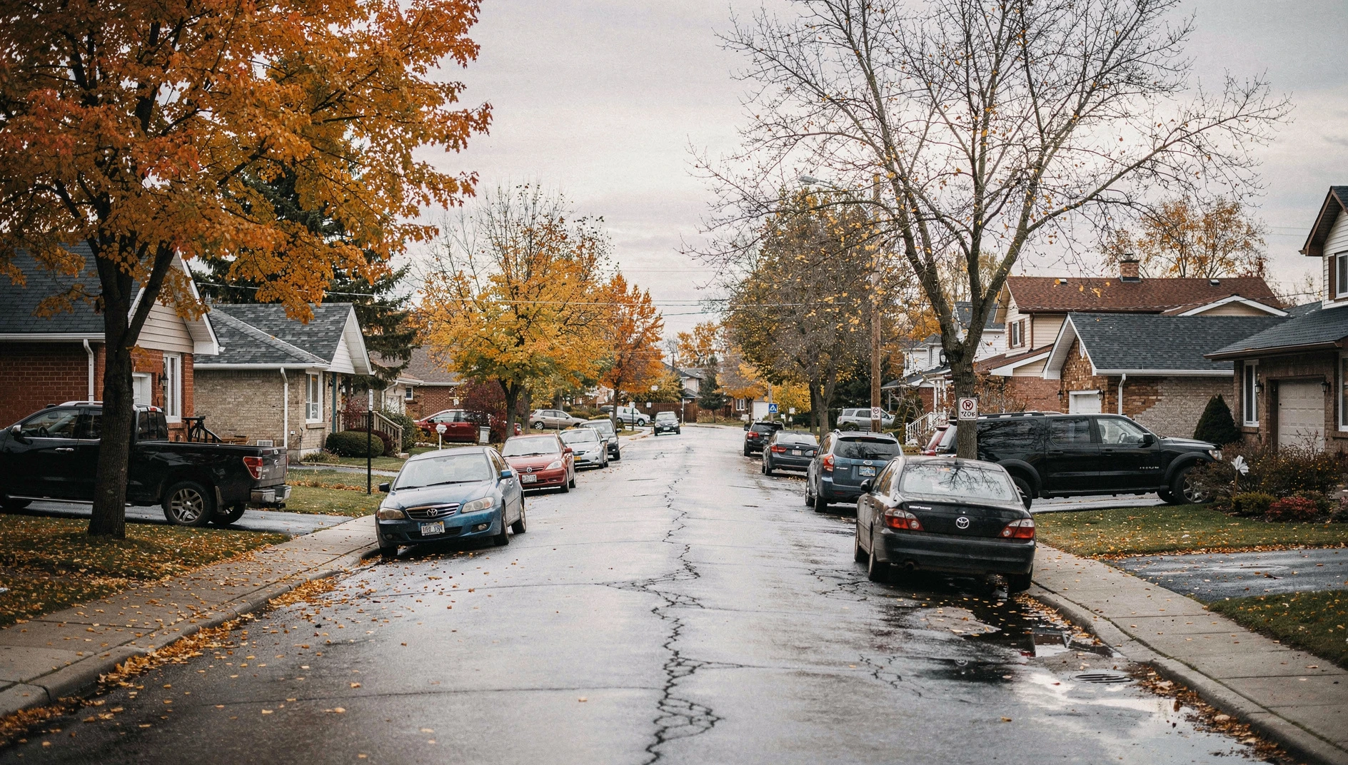 A quiet suburban residential street in the Pickering and Ajax area during an autumn afternoon.
