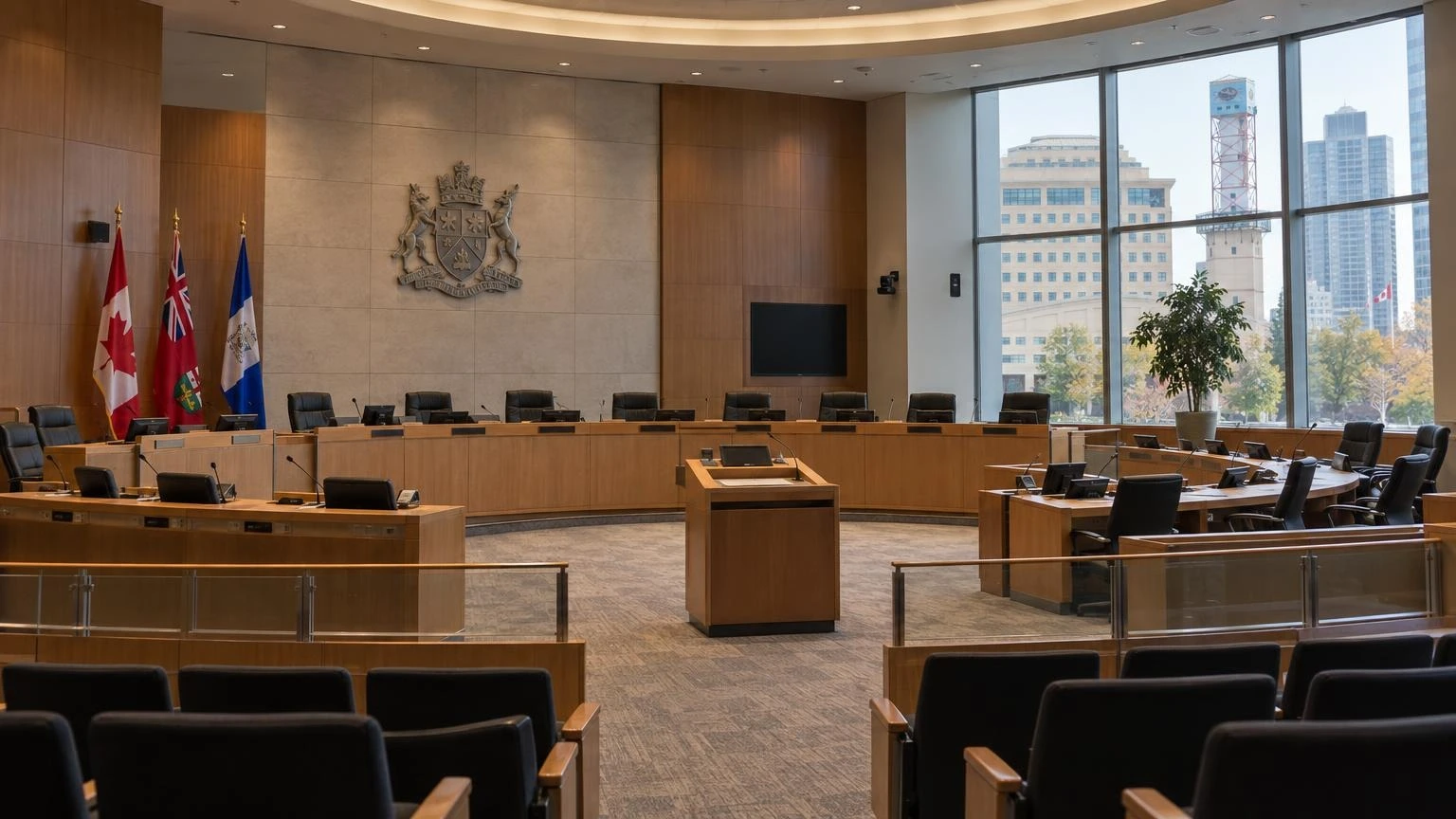A wide shot of the Mississauga City Council chamber with empty seats and a central podium.