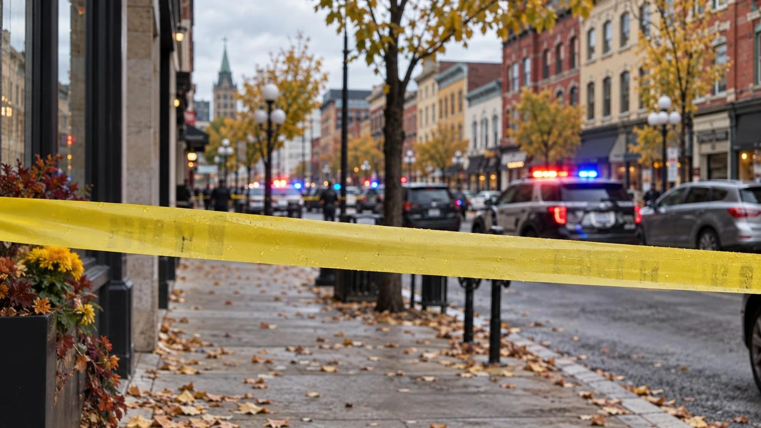 Yellow police tape across a downtown Ottawa sidewalk with blurred police lights in the background on an autumn day.