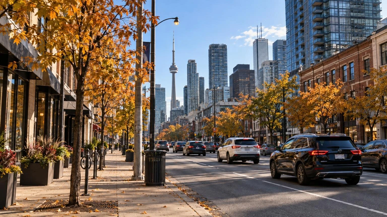 An illustration of a busy street corner in downtown Toronto during the autumn season.