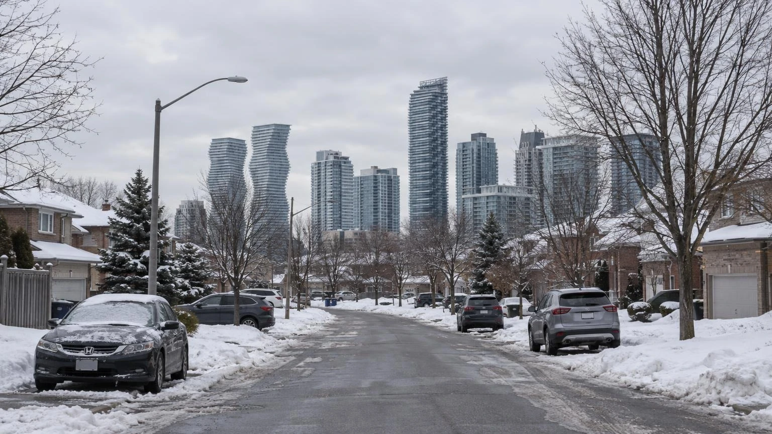A quiet residential street in Mississauga during a cold winter afternoon with snow on the ground.