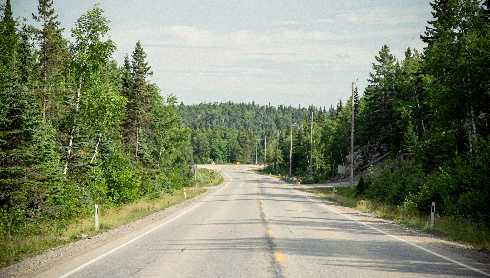 A rural road bordered by green boreal forest beneath a hazy summer sky.