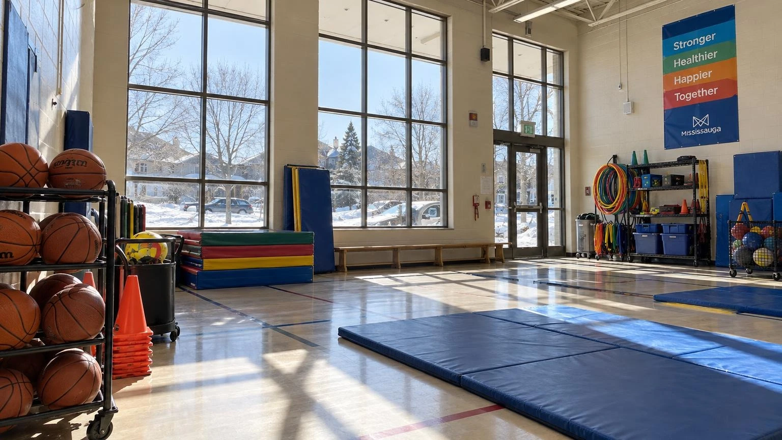 A bright, sunlit community centre interior with colourful activity mats and organized sports equipment on the floor.