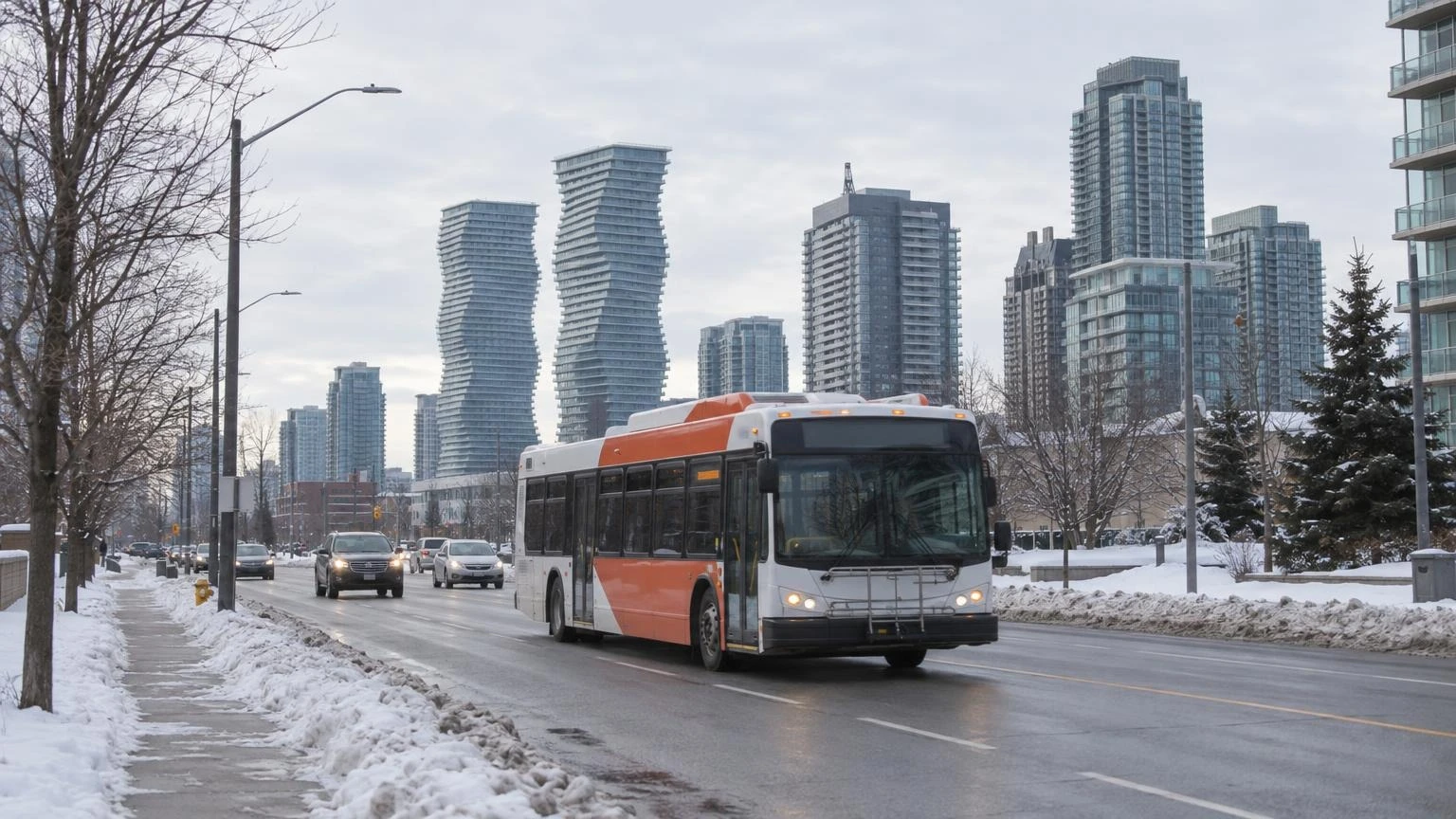 A MiWay transit bus driving down a suburban Mississauga street in winter.