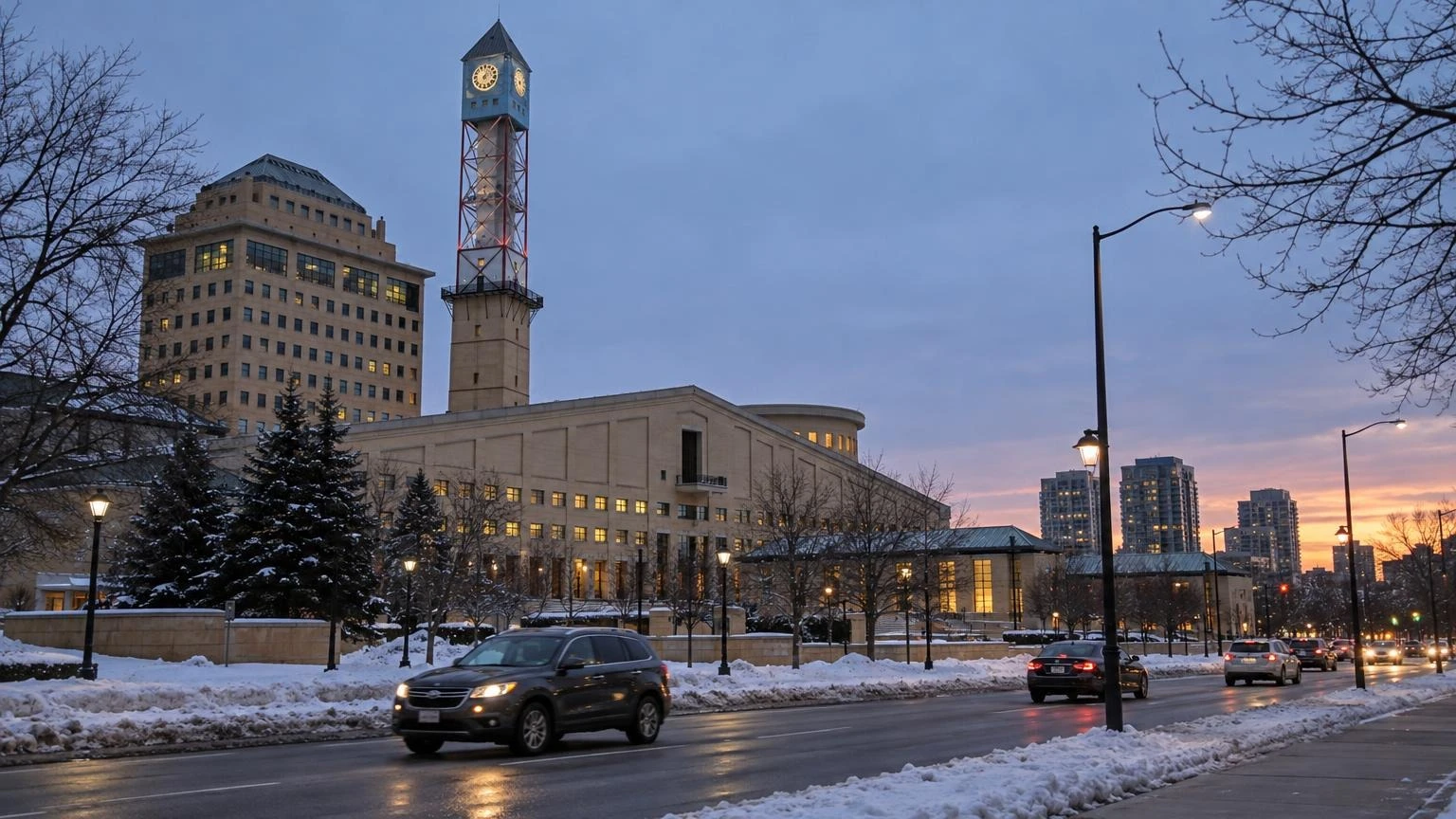 A view of the exterior of Mississauga City Hall during a winter evening.