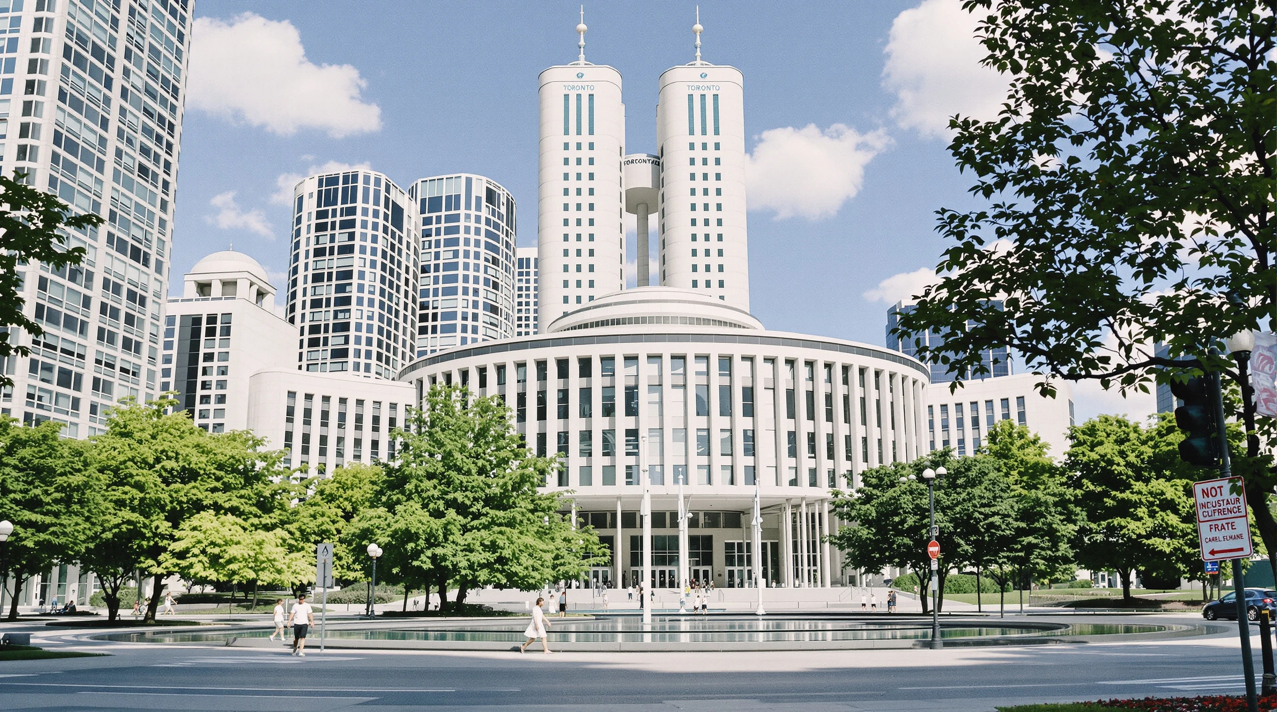 Toronto City Hall's curved towers and round council chamber rising above Nathan Phillips Square on a sunny summer day, with green trees and the reflecting pool in the foreground.