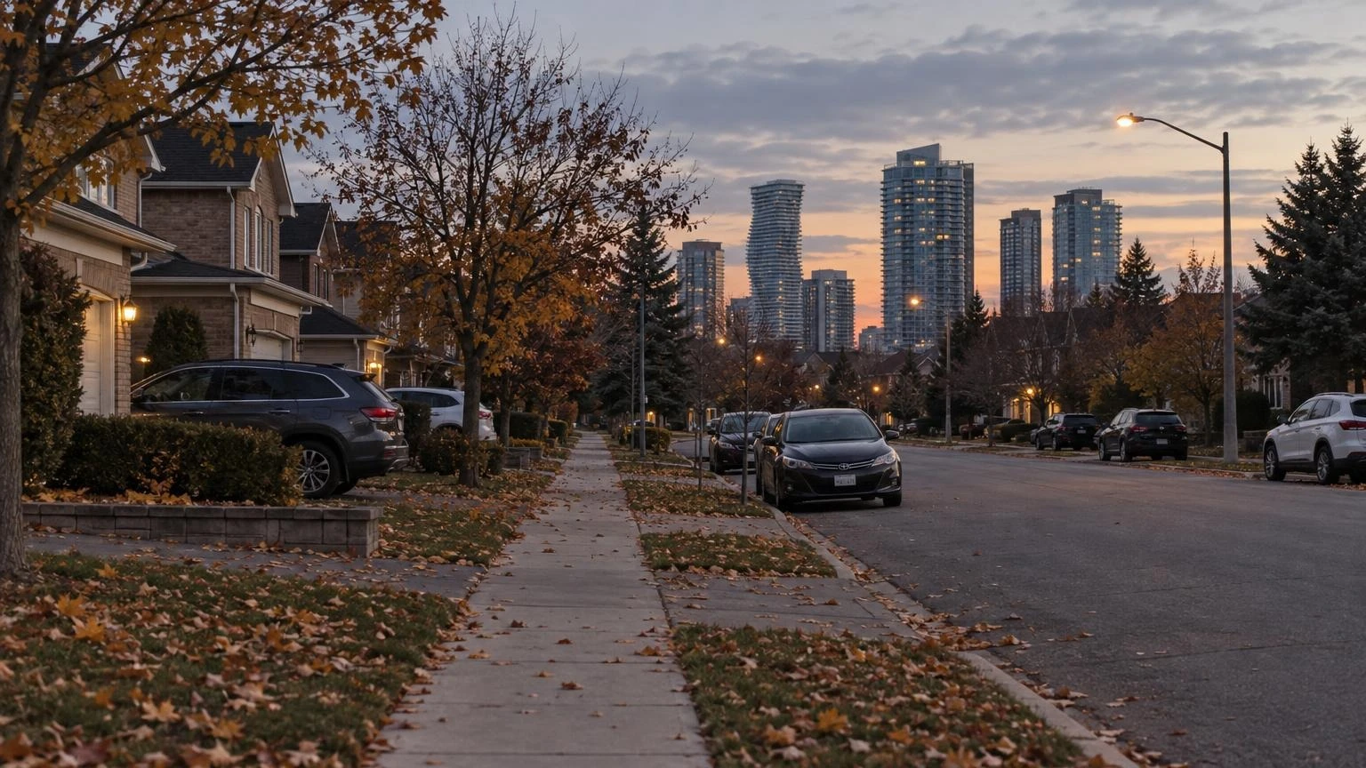 An empty residential sidewalk and street in a Mississauga suburb during twilight in autumn.