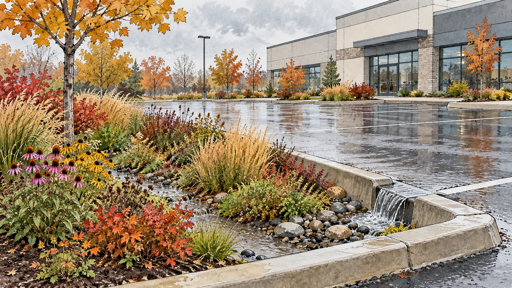 Conceptual illustration of runoff entering a planted rain garden beside a commercial parking lot.