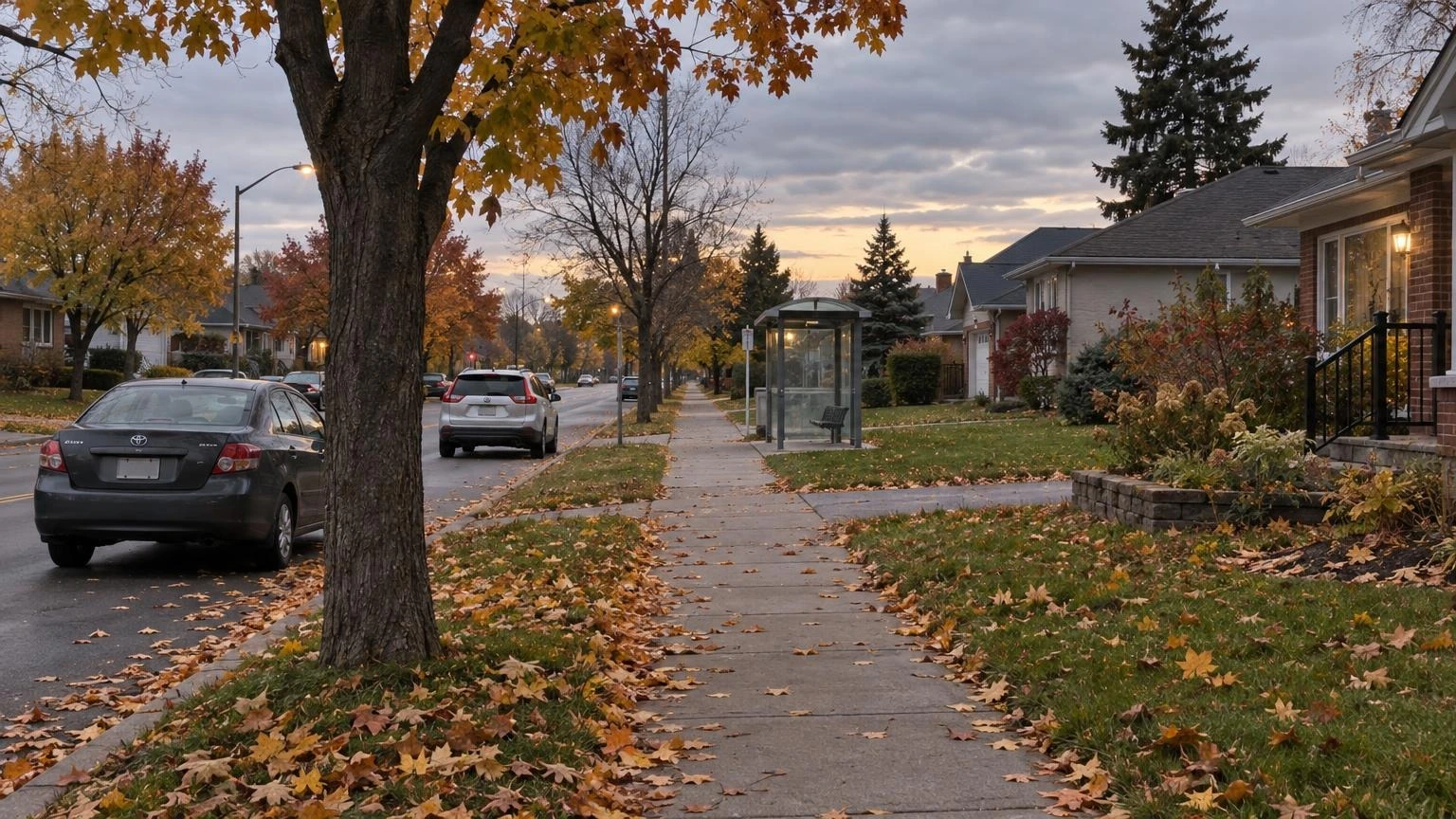 A quiet suburban sidewalk at dusk in autumn, lined with fallen leaves, with houses and a bus shelter in the background.