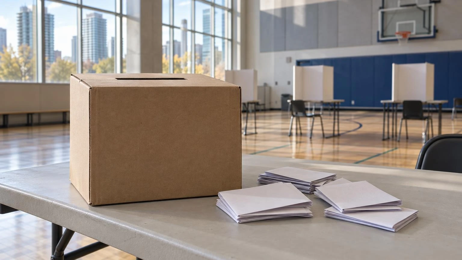 A close-up of a cardboard ballot box and folded paper ballots on a table in a community centre.