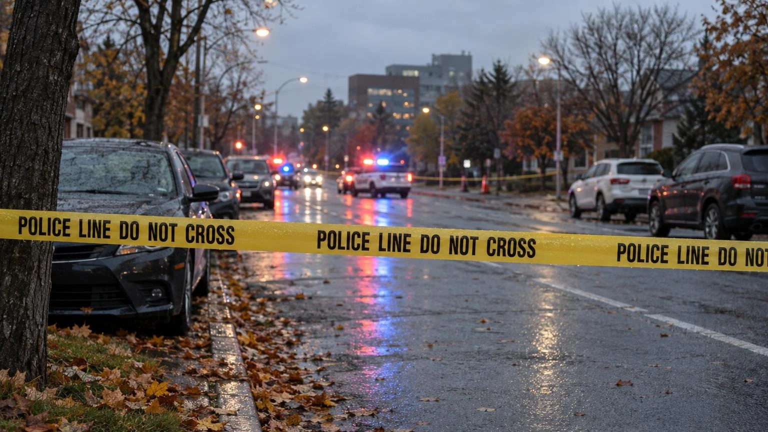 Yellow police tape across a dark suburban street with red and blue emergency lights blurred in the background.