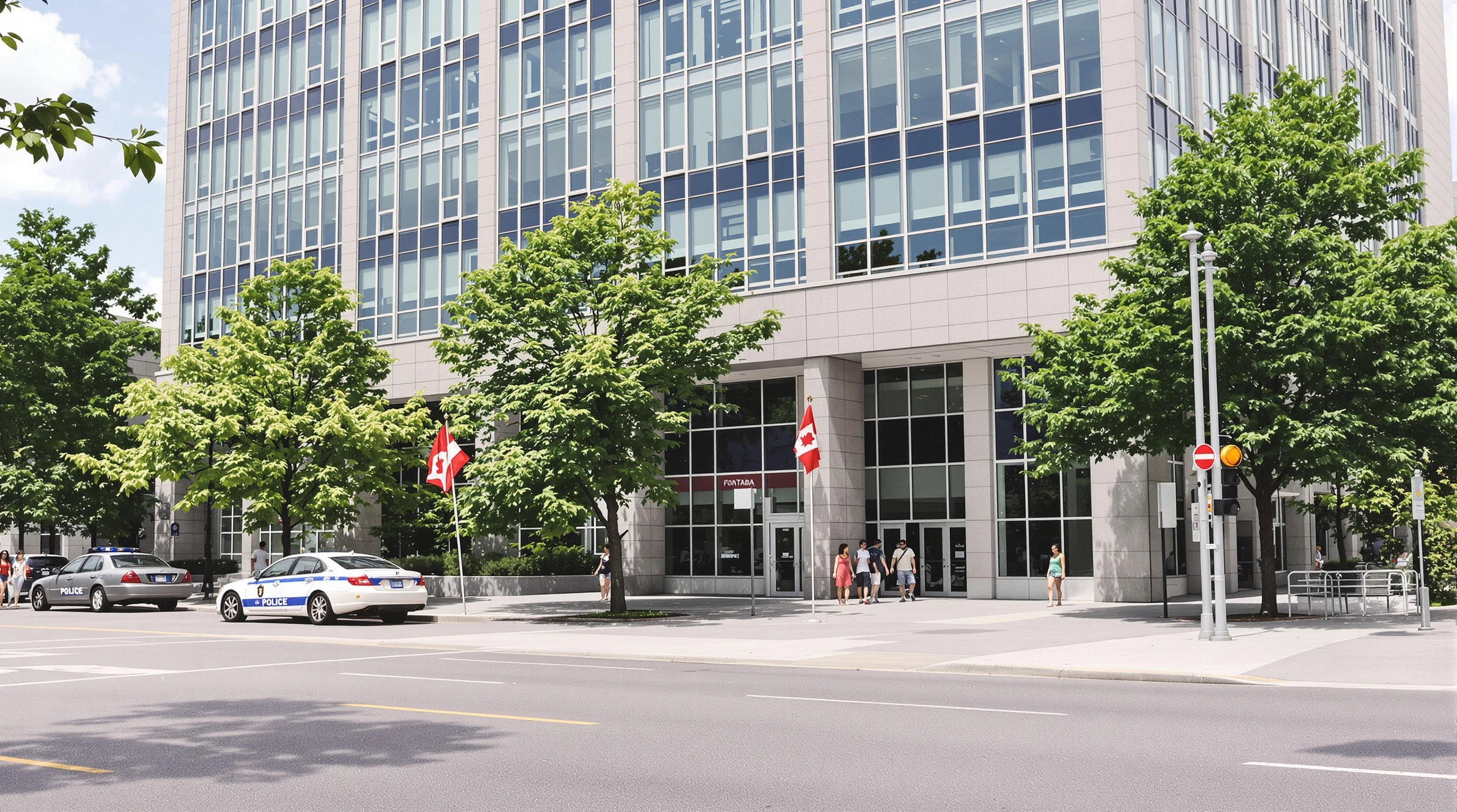 The exterior of a police service headquarters building in Ottawa on a summer day.