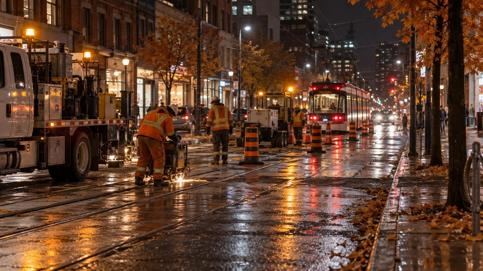 A TTC streetcar and rail work lights on a Toronto street at night, with autumn trees along the sidewalk.