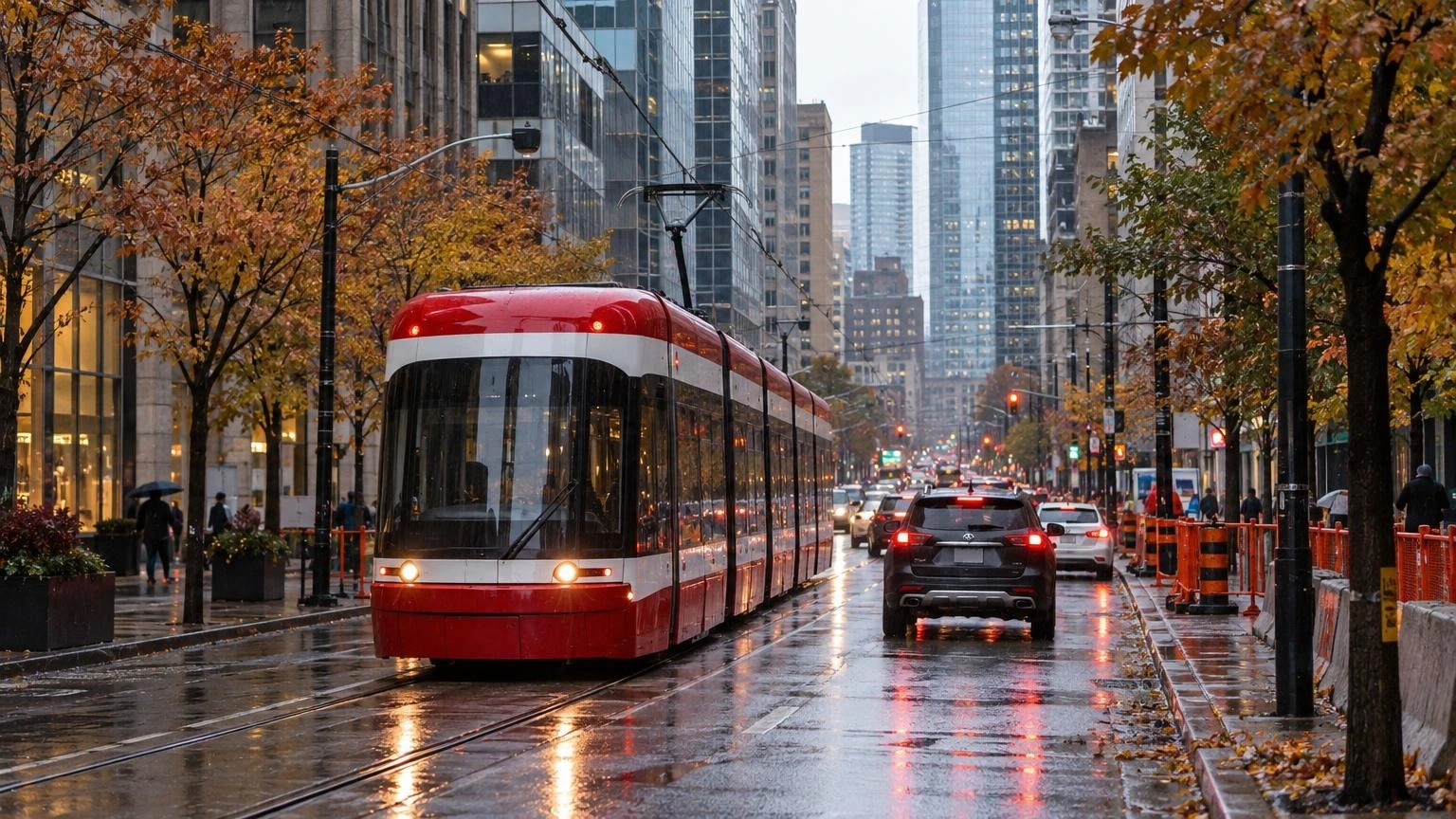 A TTC streetcar travels along a downtown Toronto street with fall trees and marathon road barriers visible ahead.