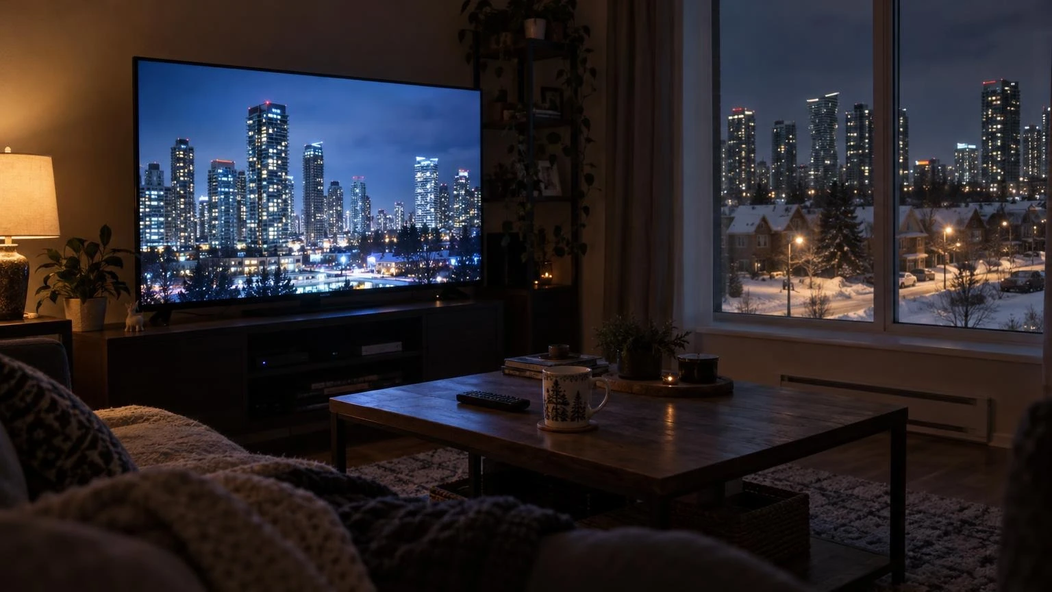 A living room at night with a television screen glowing in a dim room.