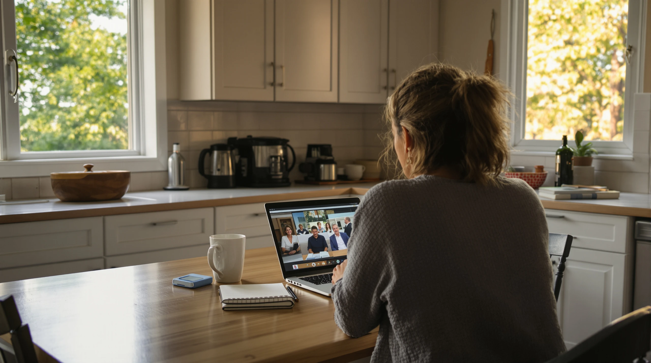 A woman seen from behind at a kitchen table, watching a virtual panel discussion on a laptop in a home office.
