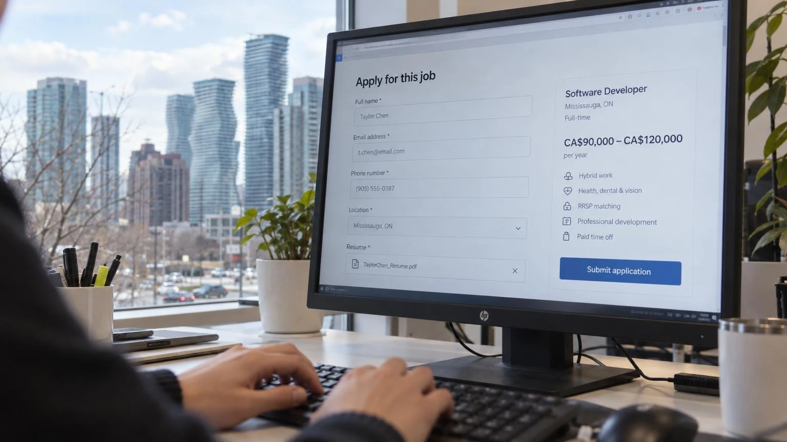 A close-up of a professional computer monitor displaying a job listing on a desk in a modern office.