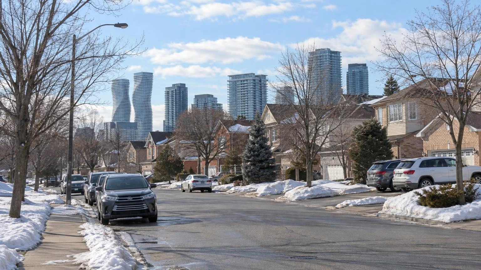 An illustration of a residential street in Mississauga featuring suburban houses and sidewalks under a clear winter sky.