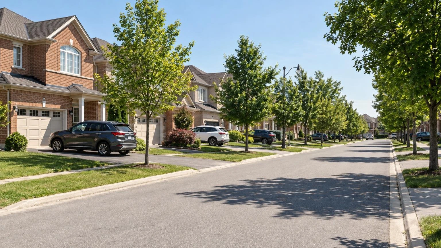A view of a quiet residential street in Halton Region with suburban houses and green trees under a summer sky.