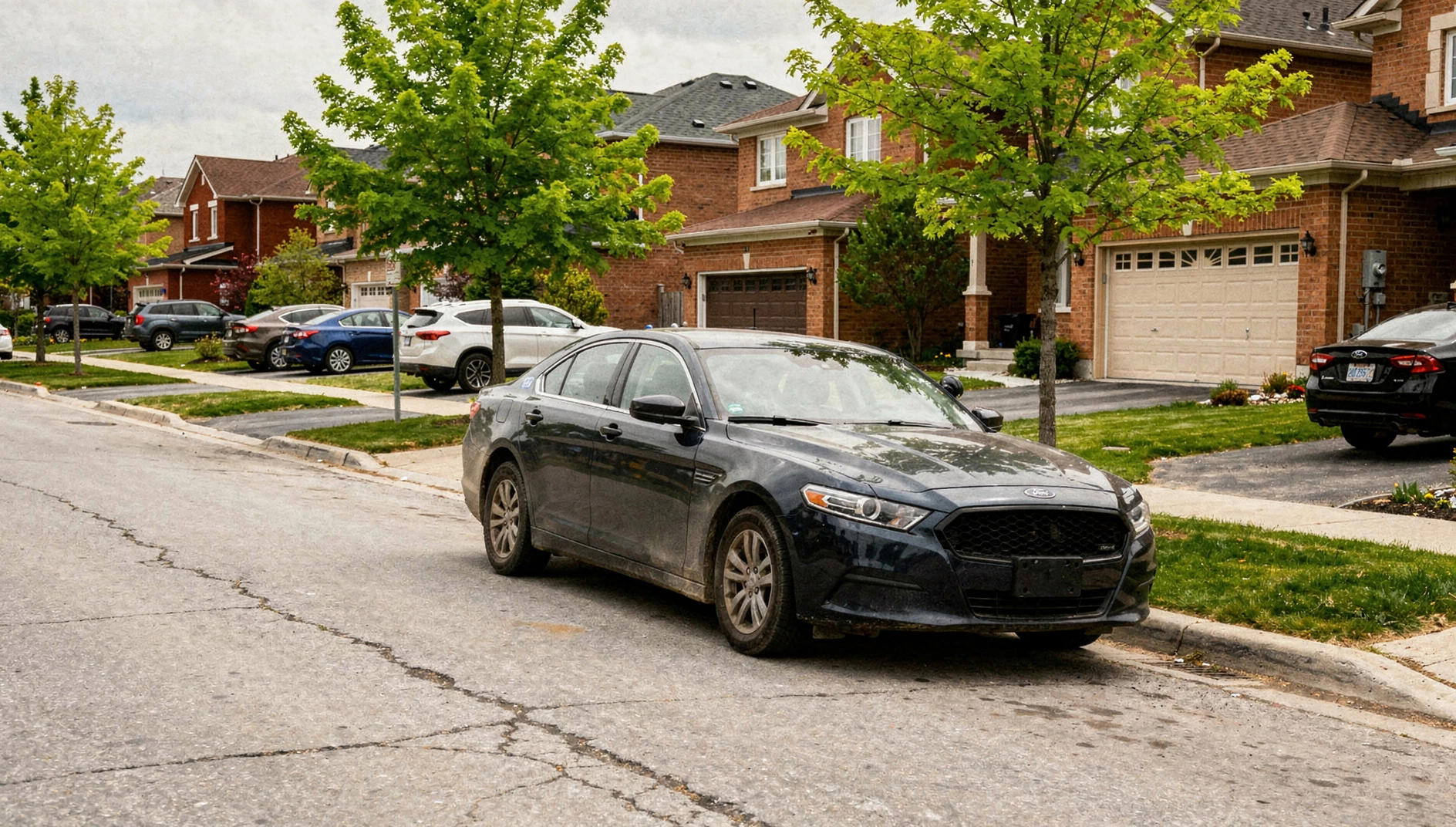 Illustration of a police vehicle on a leafy residential street in Brampton.