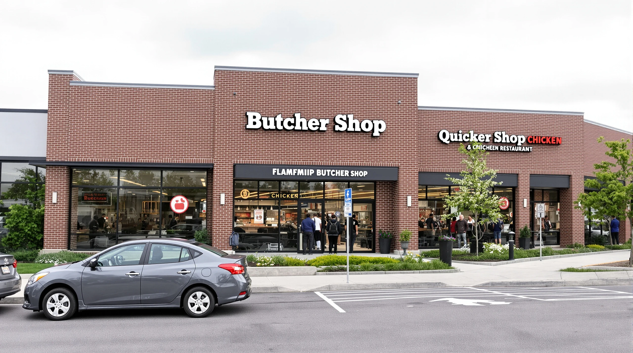 A newly built butcher shop and restaurant building with a parking lot and green spring landscaping in Brampton.