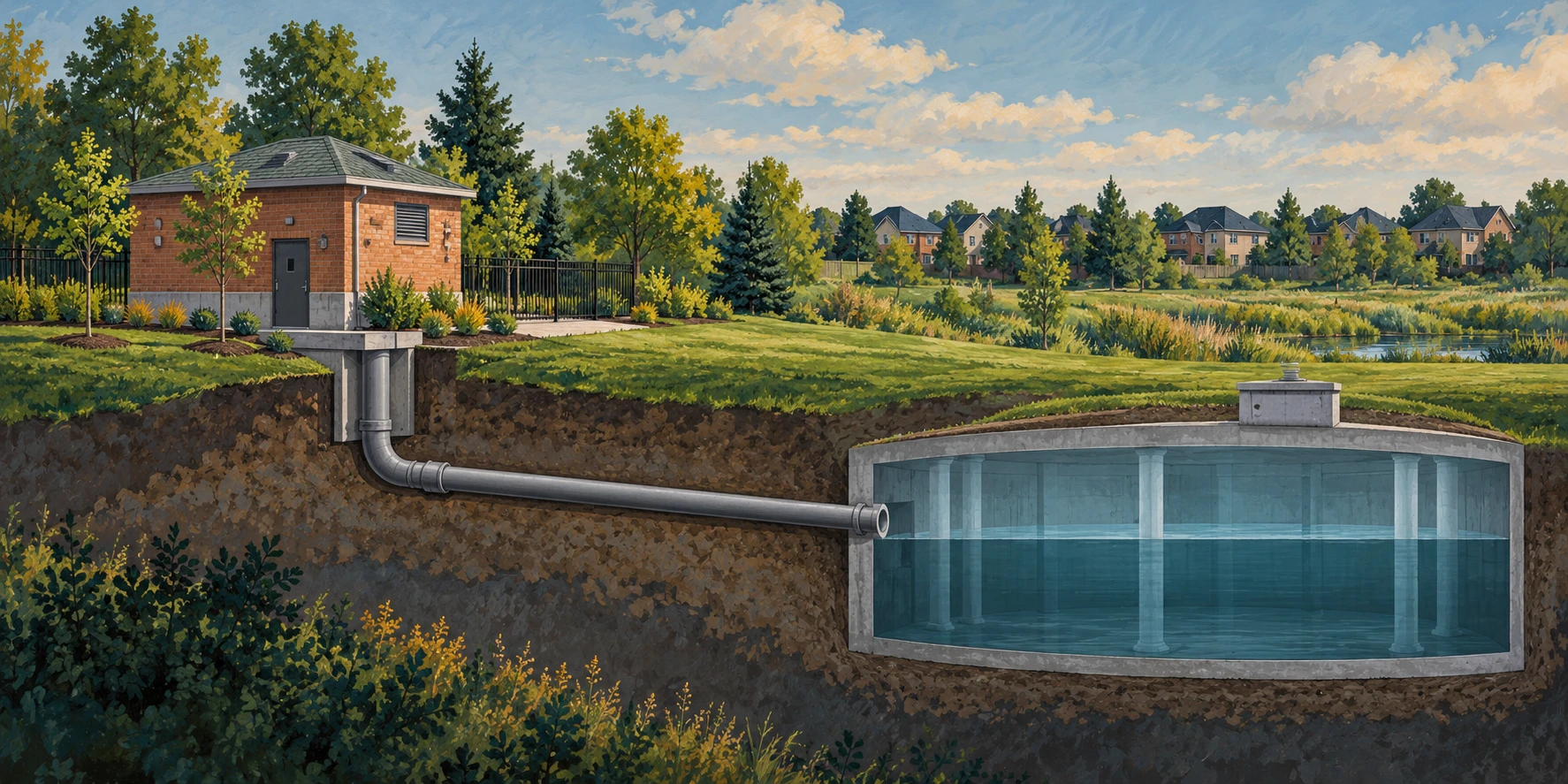 AI-generated conceptual illustration of wastewater pumping and underground storage; not the actual Lakelands site or an engineering design.