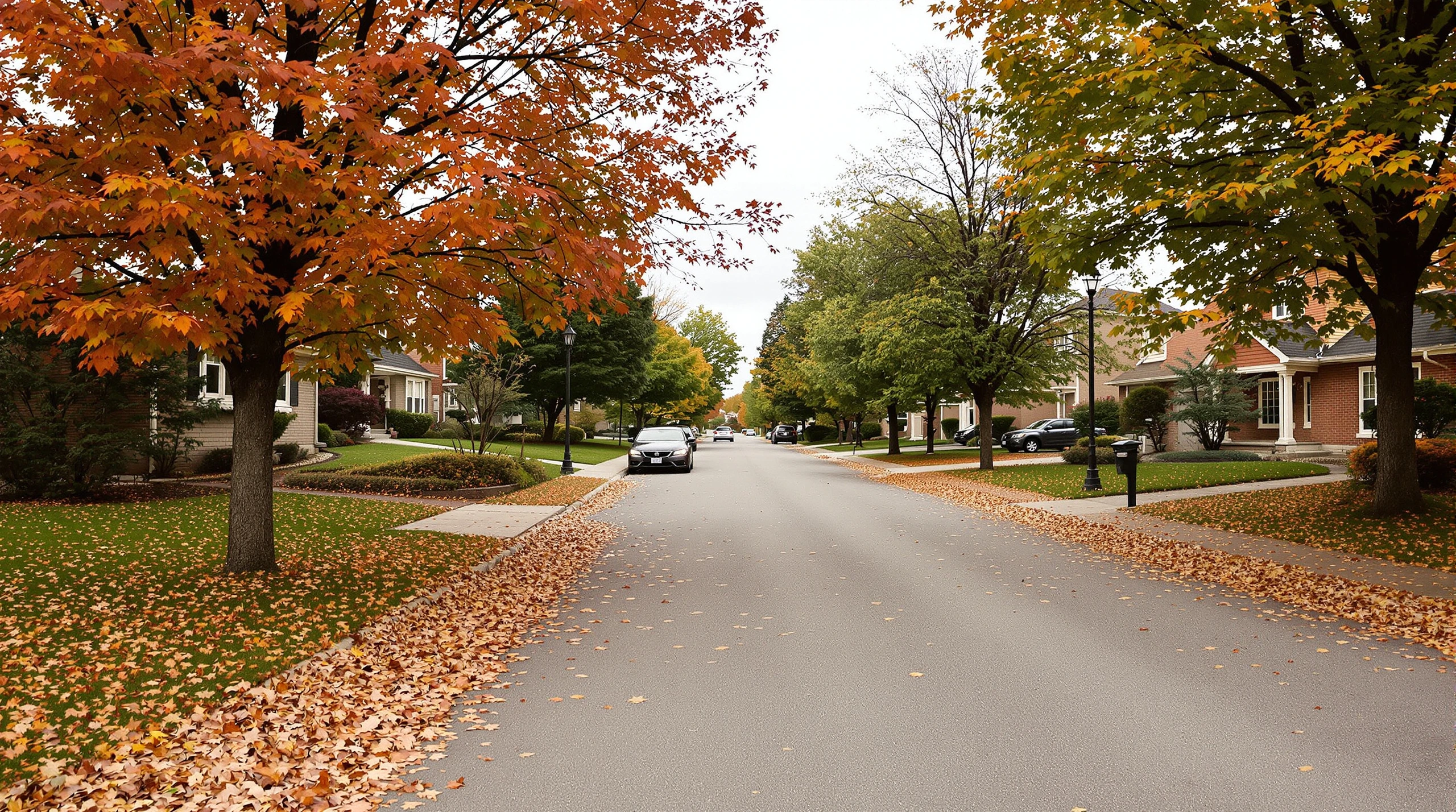 A residential street in Fonthill, Ontario, with autumn leaves on the ground and houses lined by trees under an overcast sky.