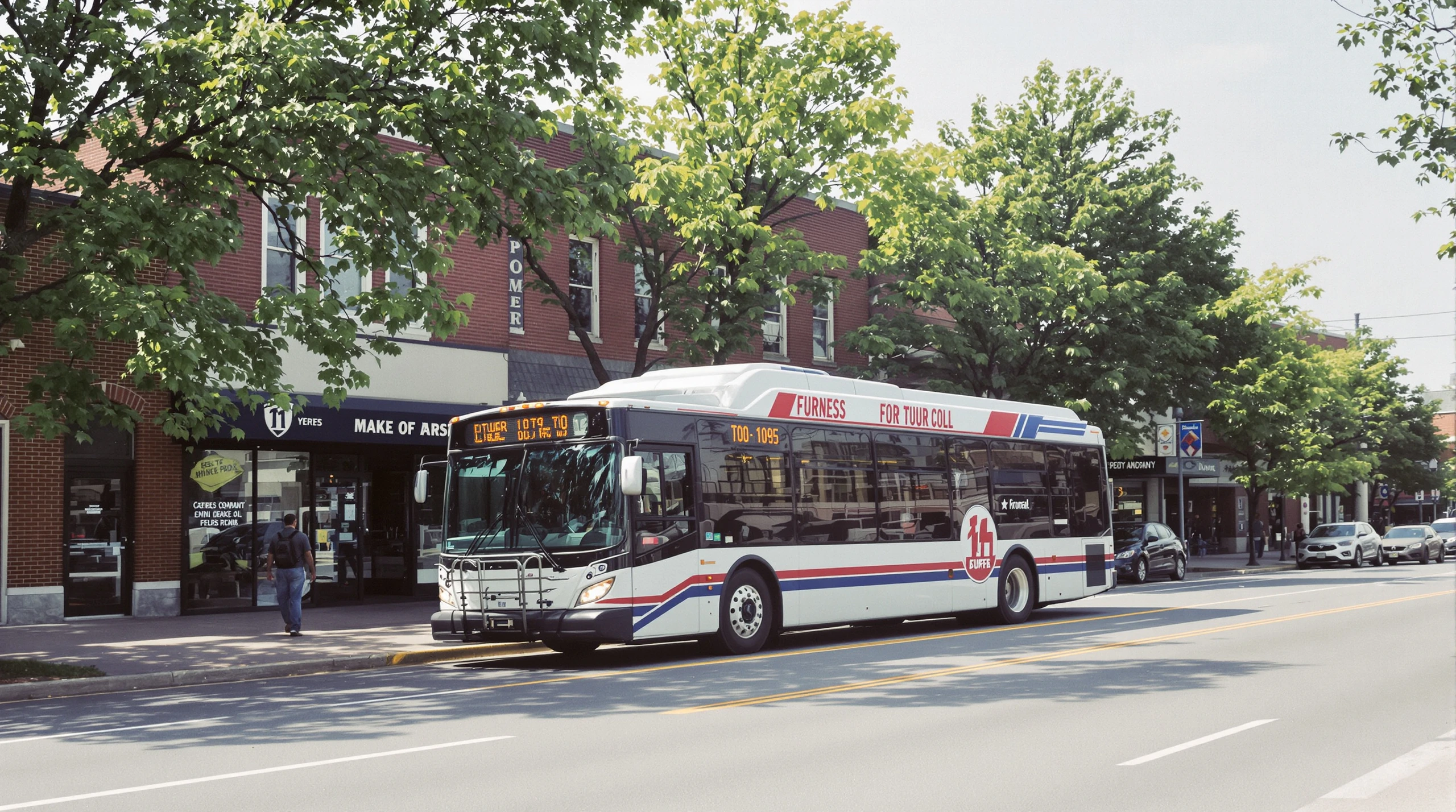 A city bus on a downtown street lined with summer trees and storefronts.