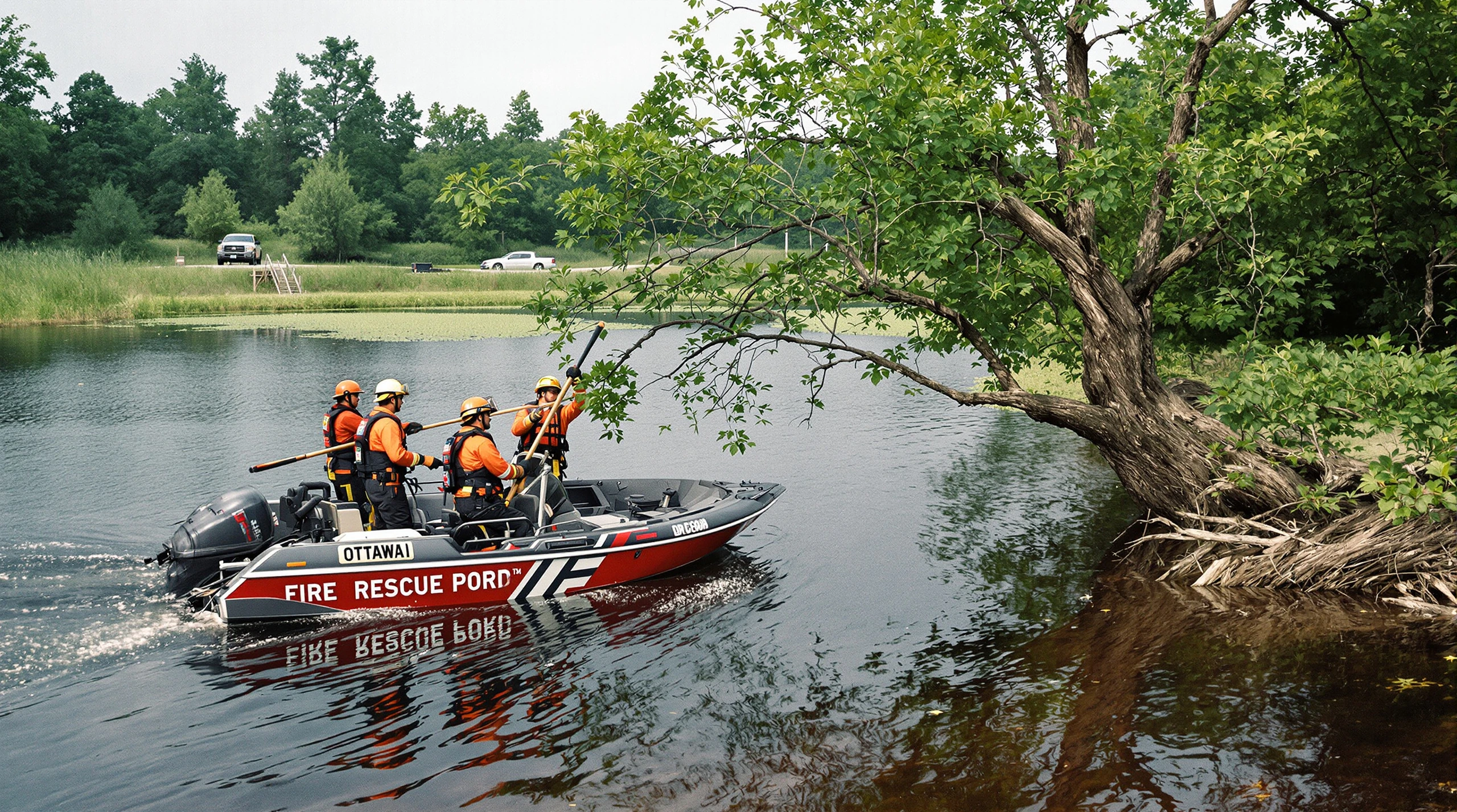 Firefighters in a small rescue boat use a pole saw to trim a tree branch overhanging a summer creek.