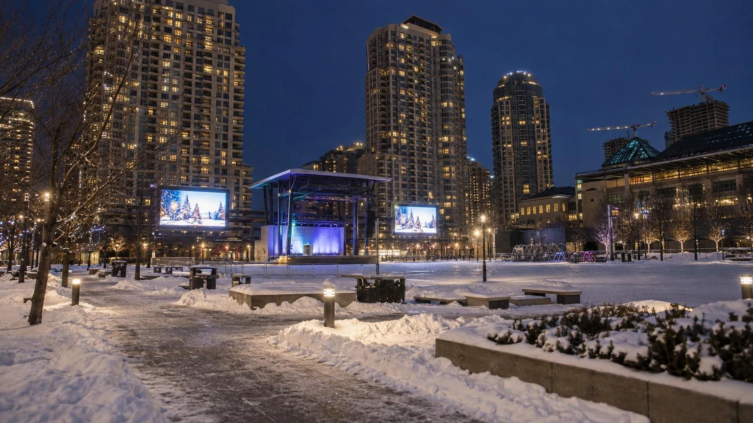 A wide shot of Celebration Square in Mississauga during a cold winter evening, featuring large outdoor screens and snow-covered public spaces.