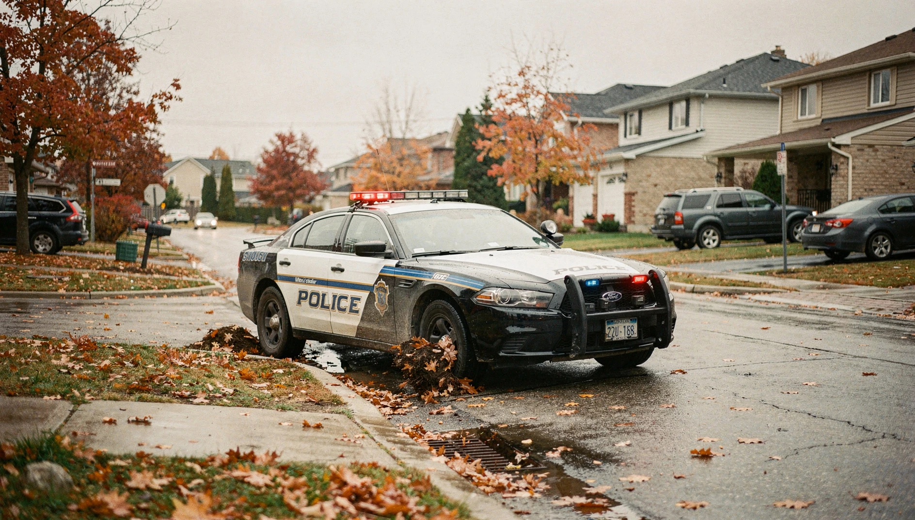 A police cruiser parked on a residential street in Ajax, Ontario, during an overcast autumn afternoon.