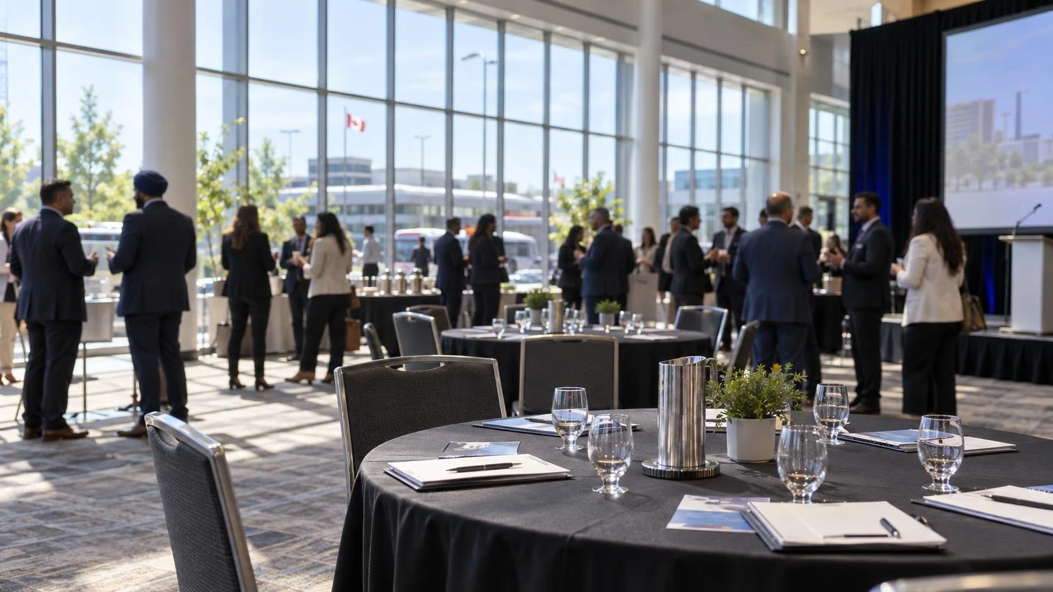 A professional conference setting with blurred attendees and tables in a bright hall.