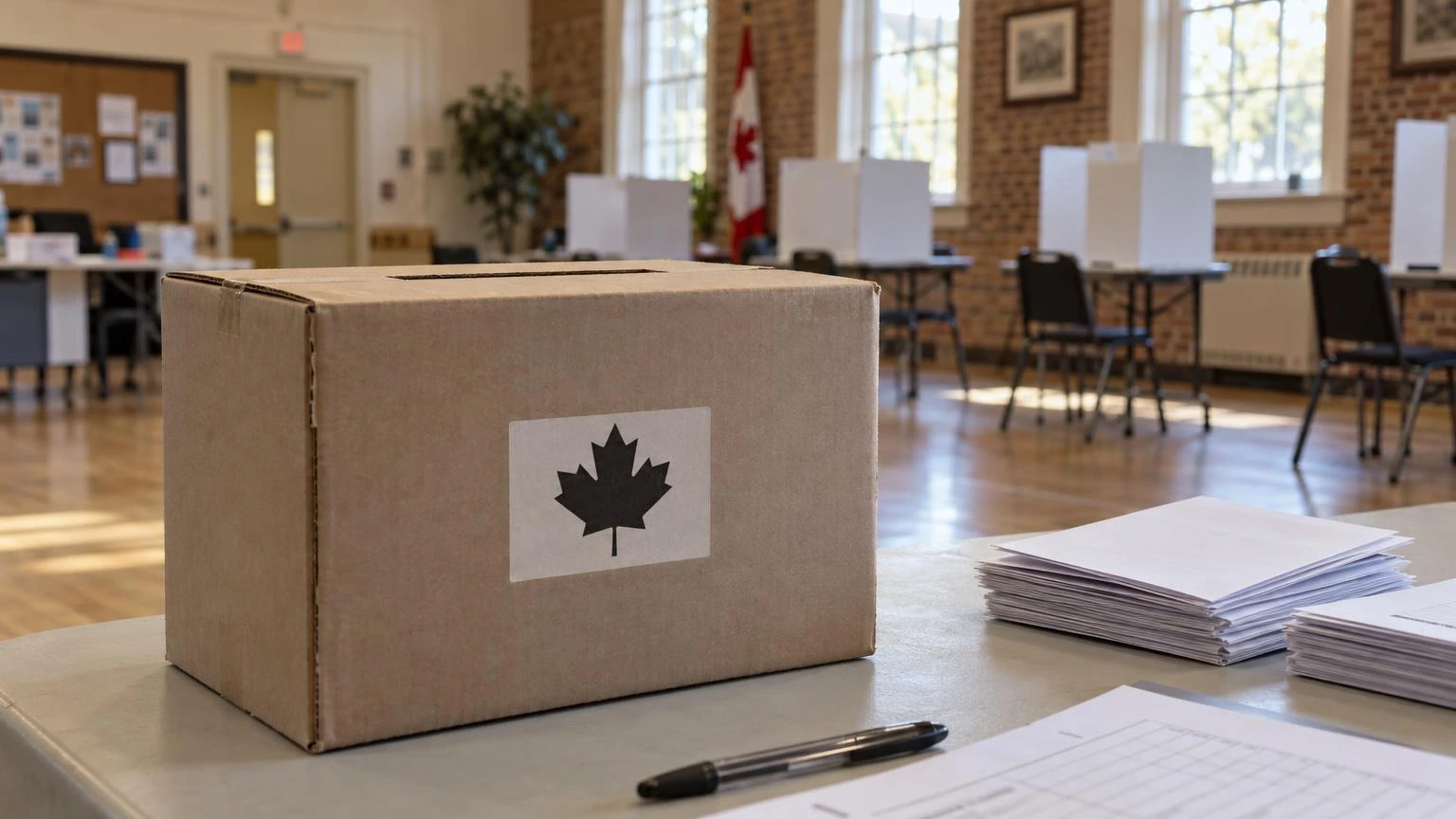 A close-up of a white paper ballot and a wooden pen on a table in a community centre.