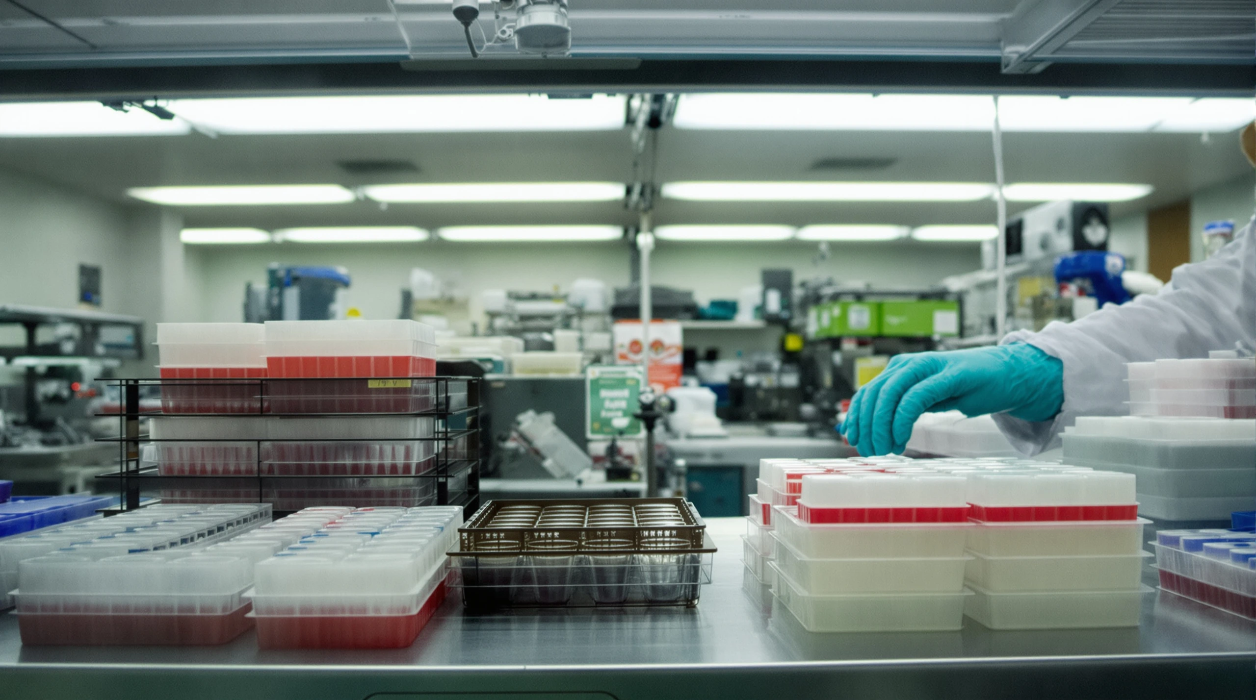 A microbiology laboratory bench with culture plates and sample trays under overhead lighting.