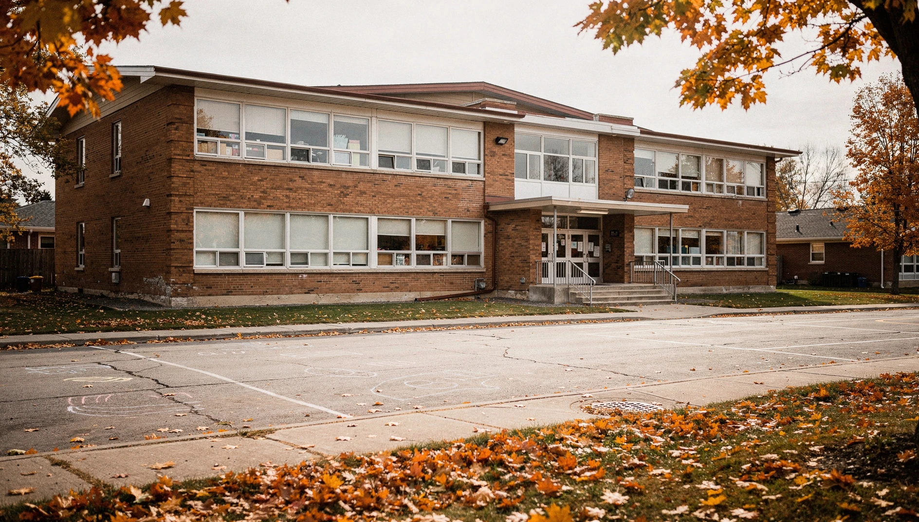 A wide shot of a brick elementary school building in Ottawa under an autumn sky with fallen leaves on the ground.
