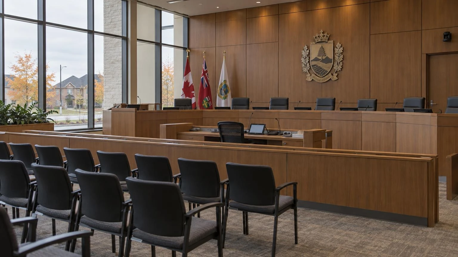 An empty municipal council chamber in an Ontario town hall with tiered desks and autumn light through the windows.